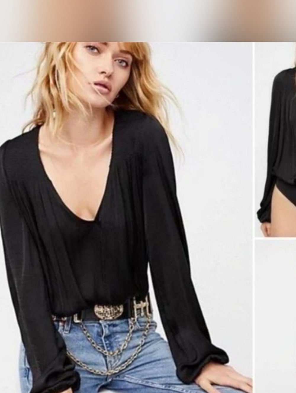 Free People Intimately Deep In Love Bodysuit Black Smocked Long Sleeve M